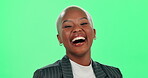 Career woman, green screen and laughing for corporate, business and confidence as product merchandizer. Black female person, happiness and pride as retail employee with comedy, joke or meme in studio