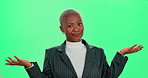 Green screen, business woman and shrug with face, open hands and expression on studio background. African person, girl and model with hand gesture, confused and doubt with emoji, options or decision