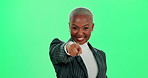 Black woman, pointing and choice for face on green screen to welcome, news announcement and recruitment decision. Happy, female person and hand sign of hiring, interview and promotion for opportunity