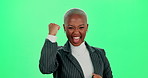 Black woman, face and green screen for winning celebration in studio, employee success and energy. Female person, portrait and promotion at job or bonus, salary increase and clapping for achievement