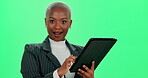 Business, black woman and surprised with tablet in green screen on internet for online rewards and good news. Female person, portrait and smile on email with loan approval with low interest or debt