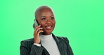 Talking, business and black woman with phone call on green screen for communication, project feedback or speaking with client. Contact, mobile, account manager for discussion, funny or networking 