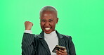 Black woman, face and phone on green screen for win in studio, employee cheers and energy. Female person, portrait and lottery prize to celebrate, salary increase and online for achievement news