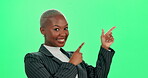 Happy woman, smile and pointing on green screen, studio or mockup background. Excited black businesswoman, portrait and advertising business promotion, product placement or show choice approval