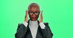 Black woman, eye care and green screen with glasses for specialist, consultation and medical professional. Female person, spectacles and optometry in studio for ophthalmology with size, frame or lens