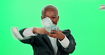 Black woman, face and green screen to throw money in studio, employee success and energy. Female person, portrait and cash rain for profit or celebration, salary increase and lottery prize or reward