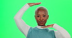 Black woman, face and hands frame in studio for photography, perspective and green screen. Female person, portrait and stylish attitude in profile picture, live streaming and pointing to choice