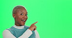 Advertising, smile and space with woman pointing on green screen in studio for alert or promotion. Coming soon, marketing and sale with portrait of happy African person on mockup to review info