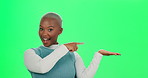 Face, green screen and black woman with option, pointing and decision on studio background. African person, portrait or model with hand gesture, choice or feedback with opportunity, showing or review