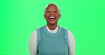 Black woman, green screen and happy for fashion with trendy style, outfit and clothes for comfort wear. Female person, mockup space and smile or laugh with excitement for streetwear and dress code