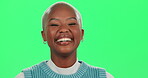 Face, black woman and laughing on green screen with fashion isolated in studio for comedy and joy. Portrait, model or happy person with funny joke, humor and positive energy with smile or cool style