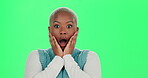 Face, surprise and wow with woman on green screen in studio for reaction to gossip or news. Emoji, gasp and portrait of African person on mockup, in shock at alert, information or notification