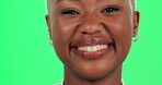 Black woman, face and smile for dental on green screen with oral care, teeth whitening or medical veneer results. Happy, female person and closeup for orthodontics treatment, mouth hygiene and health