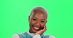 Face, black woman and laughing on green screen with beauty or fashion in studio for comedy and joy. Portrait, happy or person with funny joke, humor and skincare cosmetics with smile or cool style