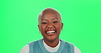 Face, black woman and funny joke on green screen with fashion isolated in studio for comedy and joy. Laughing, model or happy person with portrait, humor and positive energy with smile or cool style