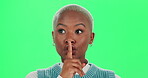 Black woman, face and secret on green screen in studio for gossip, privacy information and confidentiality of news. Person, hand gesture and shush for whisper, silent and quiet for announcement.