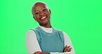 Arms crossed, confident and smile of woman on green screen in studio for advertising or marketing. Brand ambassador, girl power and portrait of happy African person on mockup space for promotion