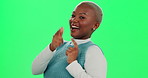 Happy, face and black woman by green screen for dance, movement and creative expression for achievement. Chromakey, female person and excited with celebration for personal goal, growth and milestone