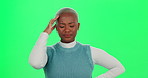 Anxiety, headache and stress with woman on green screen in studio for crisis, fail or mistake. Burnout, compliance and pain with African person on mockup for frustration. migraine or reaction