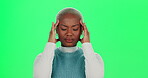 Headache, black woman or pain on green screen for stress, mental health fatigue or sick in studio. Girl, migraine or discomfort on chroma key for medical emergency, dehydration or massage for relief