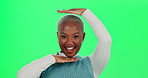 Black woman, face and hands frame on green screen for photography, perspective and studio vlog. Female person, portrait and laughing in profile picture, live streaming and confidence in fashion blog