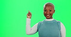 Black woman, pointing and green screen for presentation, branding and mockup space with thumbs up. Fashion, promotion and marketing for product placement, deal and advertising with discount in studio