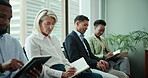 Office, people and waiting room in row for job interview with research, conversation and write notes. Candidate, hiring process and business for recruitment, career opportunity and prepare with smile