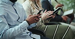 Hands, people and technology in row for job interview at office with research, internet and networking. People, candidates and waiting room for recruitment, hiring process and career opportunity