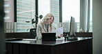 Business woman, office and tablet with computer for work, research and employee in corporate or company. Female person, tech and concentration in project management, administration or progress report