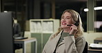 Talking, happy and woman in call center office for customer service, consulting and business crm. Advisor or agent, inbound telemarketing and headphone for listening, communication and faq support.