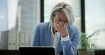 Mature business woman, laptop and headache for burnout, budget mistake and 404 glitch in office. Female accountant, computer and migraine pain for payroll problem, difficult audit and poor connection