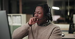 Black man, call center and fatigue yawn at night, computer and technical support or helpdesk. Male person, late shift and operator for customer service, tired and online faq chat or telemarketing