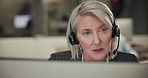 Online, mature and woman in call center office for customer service, consulting and business crm. Advisor or agent, inbound telemarketing and headphone for listening, communication and faq support.