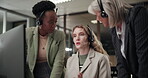 Call center, business people and training with discussion for teamwork, desktop and customer service in office. Sales research, agents and mature mentor with computer for help, questions and advice