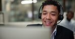 Talking, happy and man in telemarketing office for customer service, consulting and business crm. Male advisor or agent, inbound call center and headphone for listening, communication and faq support