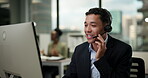 Talking, happy and man in call center office for customer service, consulting and business crm. Male advisor or agent, inbound telemarketing and headphone for listening, communication and faq support