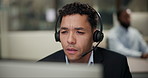 Employee, man and headset as call center agent on consulting with client on sales for insurance cover or life policy. Male person, office and computer on telemarketing, customer advice and support