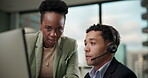 Call center, business people and training with computer for teamwork, planning and customer service in office. Professional career, agent and mentor with digital for helping, questions and advice