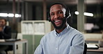 Face, smile and man in call center office for customer service, consulting and business crm. Male advisor or agent, inbound telemarketing and headphone for listening, communication and faq support.