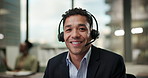 Face, happy and man in telemarketing office for customer service, consulting and business crm. Male advisor or agent, inbound call center and headphone for listening, communication and faq support.