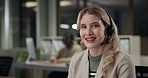Face, happy and girl in call center office for customer service, consulting and business crm. Female advisor or agent, inbound telemarketing and headphone for listening, communication and faq support