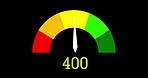 Number, decrease and graphic with needle on meter for decrease, shrinking or drop on a black background. Numeric icon, animation or colorful gauge with pin weakening in loss, deficit or fluctuation