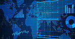 Graphic, pattern and map with chart for global analytics, statistics or data on a blue background. Holographic icons, shapes or lines with growth or increase of population in economy infrastructure