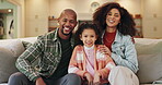 Woman, man and child on couch as family on weekend, together and home for happy memory. Cheerful people, lounge and portrait for relax, peace and bonding with parents for growth, development and love