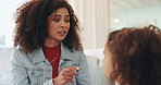 Talking, mother and scold child in home to stop bad behavior, problem and learning strict rules. Mom, girl and punishment for discipline with parent warning naughty kid for mistake, fail or conflict