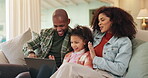 Happy family, wave and child on laptop on couch, together and home for video call or virtual class. Kid, woman and man on tech for communication, care and bonding as parents for growth, trust or love