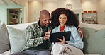 Couple, people and home with tablet on sofa in living room for research on home finance and loan option. Relationship, lovers and smile or happy on couch with internet for mortgage interest rate