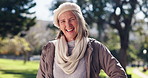 Face, fashion and old woman in park, winter and smile with retirement, nature and relax. Portrait, pensioner and elderly person with confidence, comfort and stylish outfit with sunshine and clothes