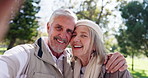 Senior couple, face and outdoor selfie in park for relationship bonding, retirement and support. Old people, portrait and picture together in nature for memory, love hug and trust for happy marriage