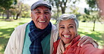 Face, selfie and senior couple in park for bonding, romance or summer love with smile. Funny, laughing or photograph with elderly an and woman in green garden of assisted living home for memories